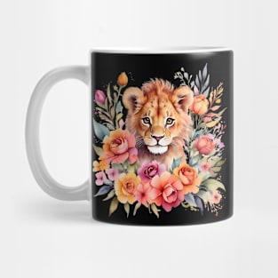 A lion cub decorated with beautiful watercolor flowers Mug